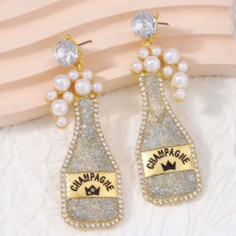 SILVER CHAMPAGNE pearl rhinestone coctail drink Earrings